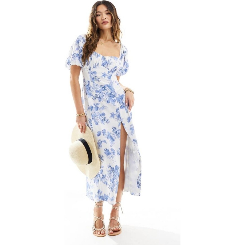 Abercrombie & Fitch puff sleeve ruched bodice midi dress blue floral Slit Medium
